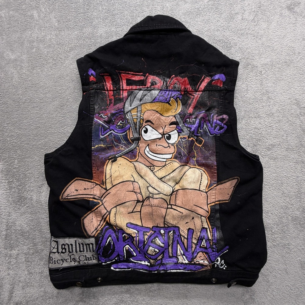 Jafrum Vest Mens XL Black Biker Denim Motorcycle Club‎ Cut Hand Painted Graphic